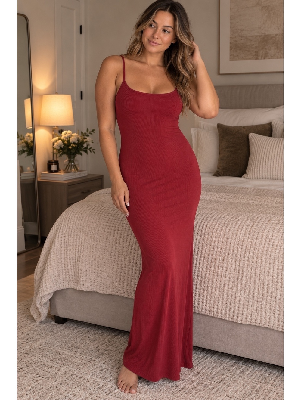 SKIMS Soft Lounge Long Slip Dress Brick Red Ribbed Maxi Dress Size L NWT